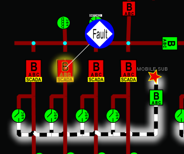 Screen capture of Viewer drawing area showing a Fault event symbol on a breaker.