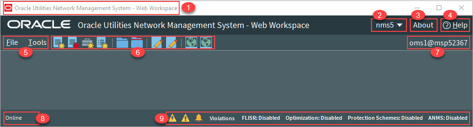 Screen capture of the Web Workspace window showing the position of the functional areas. 1) Title Bar; 2) User Menu; 3) About link; 4) Help link; 5) Menus; 6) Toolbar; 7) Environment information; 8) System Status Indicator. 9) Annunciators.