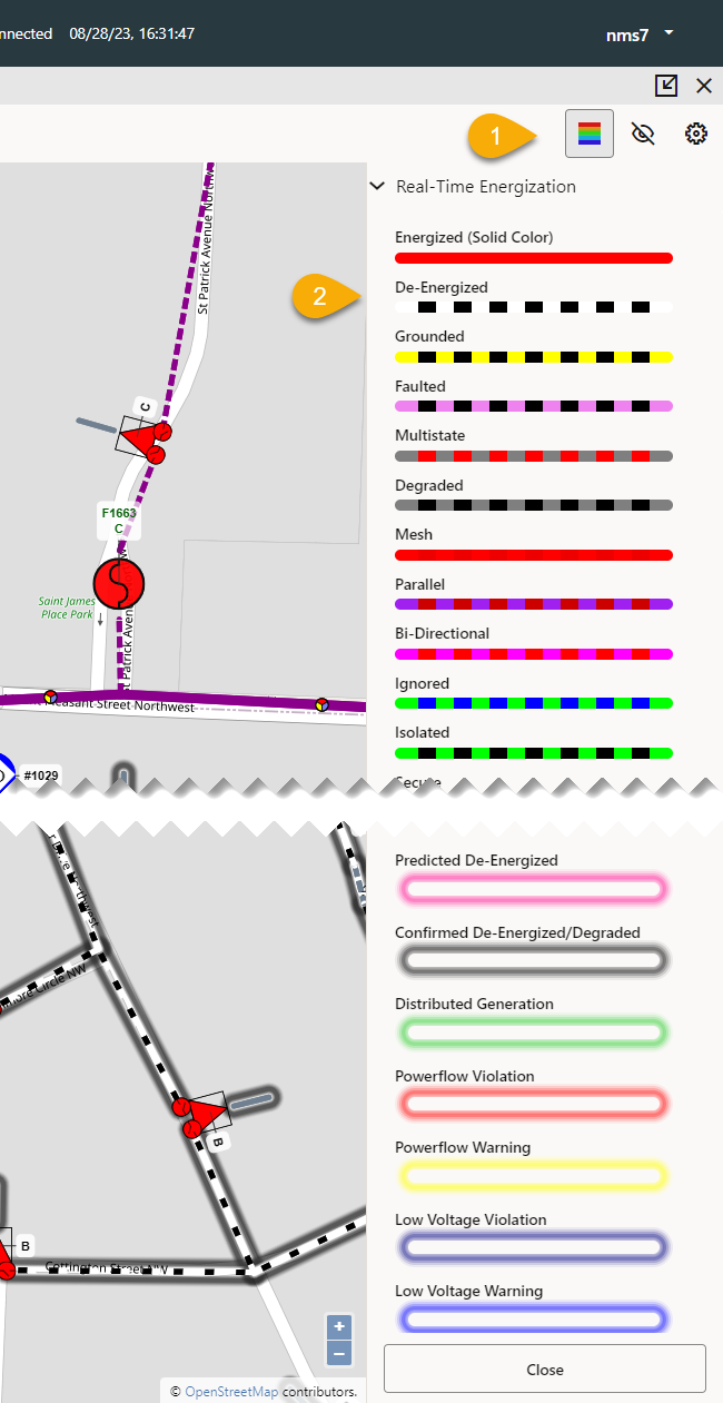 Screen capture of Map with callouts to sections of the network: yellow conductor signifies a patrolled section, pink signifies the probably/predicted extent of an outage, and gray signifies a de-energized section.