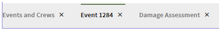 Screen capture of the Flex Ops tabbed bar showing tabs for Events and Crews, an Event, and a Damage Assessment.