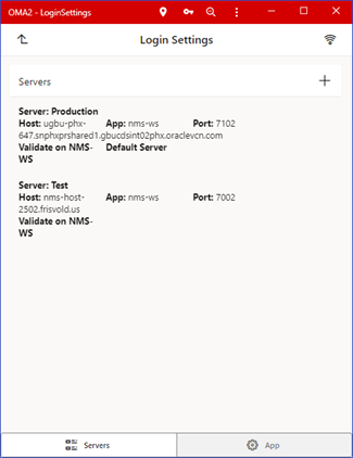 Screen capture of the Login Settings page showing the Servers and App tabs.