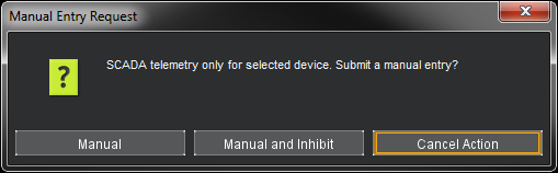 Manual Entry Request dialog box with options for a Manual entry, a Manual entry and an Inhibit action, and one to cancel the action.