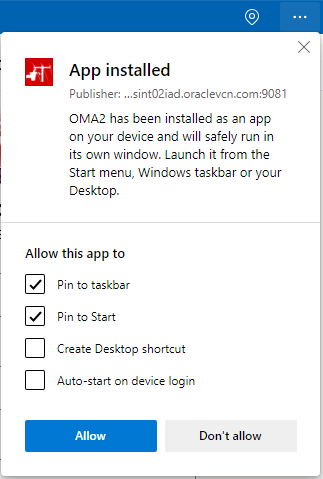 App installed notification dialog box.