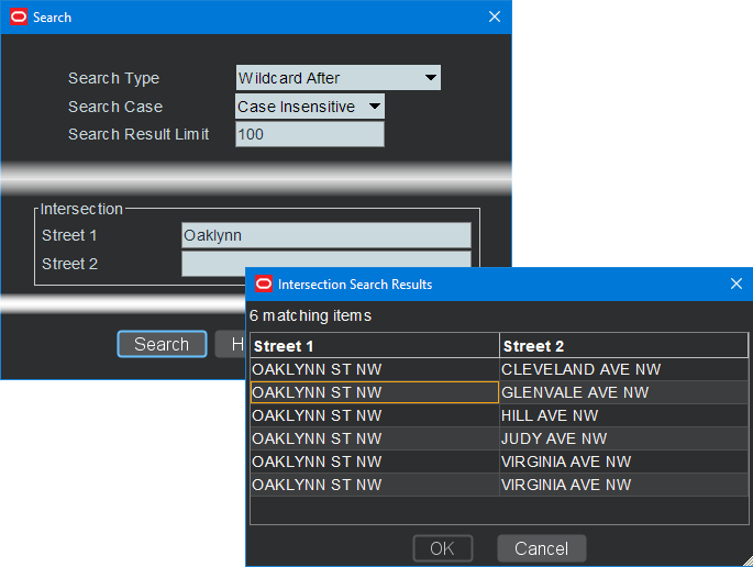 Search example showing an intersection search and results.