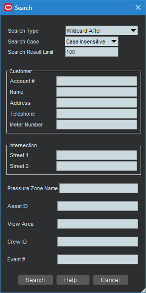 Search dialog box screen capture. Shows the fields described in the preceding column.