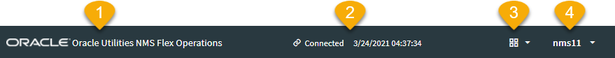 Screen capture of banner showing the Oracle logo, the application name (OracleUtilities NMS Flex Operations), the connection status, the Tool Selector, and the user menu. Screen capture of banner showing the Oracle logo, the application name (OracleUtilities NMS Flex Operations), the connection status, the Tool Selector, and the user menu.