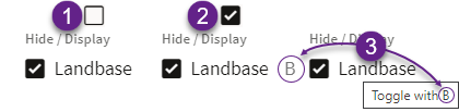 Screen captures of shortcut key label hidden [1], displayed [2], and shown in hover text [3].