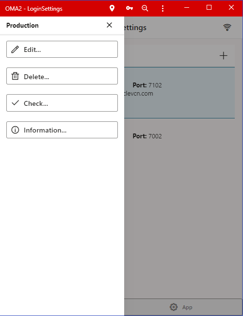 Screen capture of the Servers page showing a selected server and the option buttons available to edit, delete, test, or access information about the server.