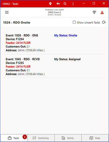 OMA Task page showing two listed tasks. The first is selected and shows icons for the available actions.