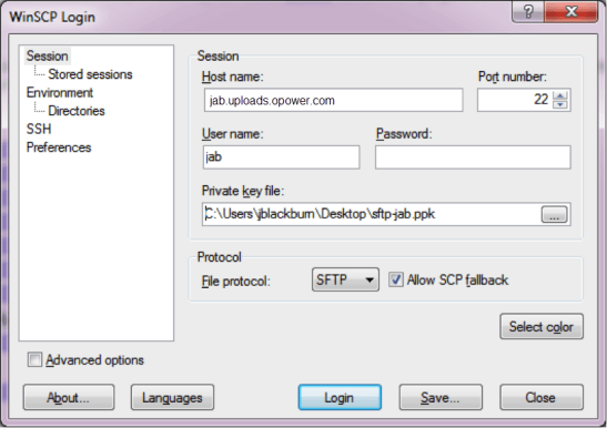 Image showing how the WinSCP Login dialog should look once the session details are entered