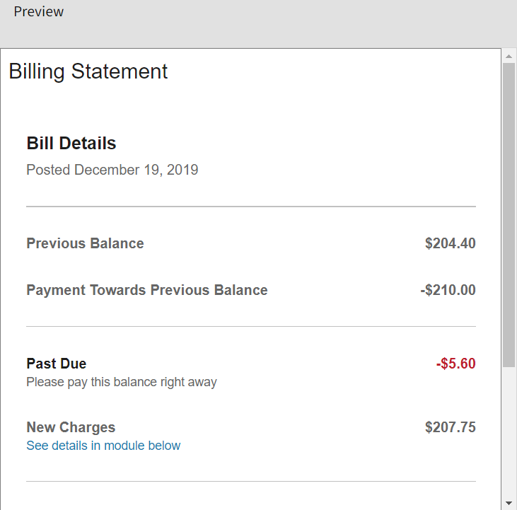 Initial configuration of the Bill Summary widget which displays summary information of a customers current bill