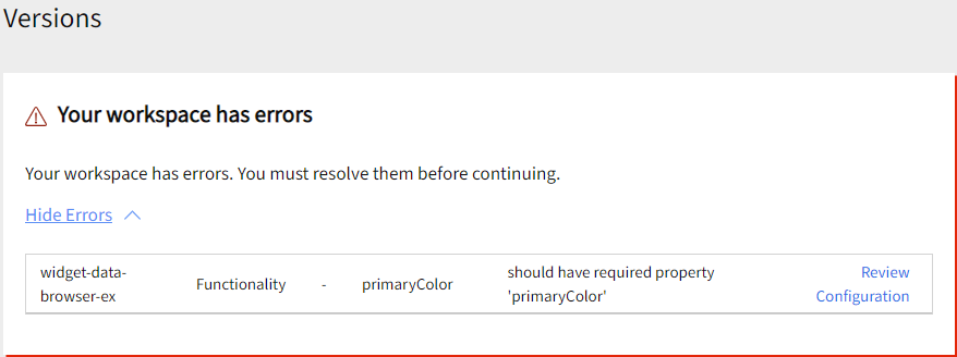 Version area that displays the list of errors for the current workspace along with links to resolve the errors