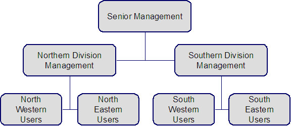 This illustrates the company hierarchy for the Northwestern, Northeastern, Southwestern, and Southeastern regions. Senior Management has access to all customers, the Northern Division Management has access to all customers in the Northwestern and Northeastern divisions, and the Southern Division Management has access to all customers in the Southwestern and Southeastern divisions. Each user region group has access to the appropriate division in the region.