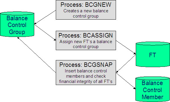 The Balance Control background processes are BCGNEW, BCASSIGN, and BCGSNAP. BCGNEW creates a new balance control group. BCASSIGN assigns a balance control group to new financial transactions. BCGSNAP inserts balance control members and checks the financial integrity of all financial transactions.
