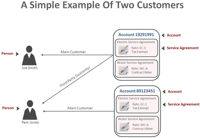 This illustrates two customers where Joe Smith is the main customer on the first account and Pam Jones is the main customer on the second account as well as the "third party guarantor" on Joe's account.