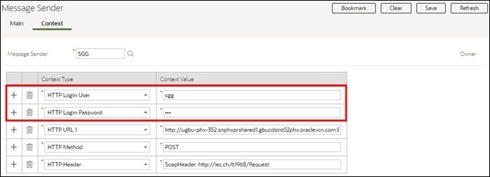Screen capture showing the HTTP Login User and HTTP Login Password parameters on the Context tab of the Message Sender portal.