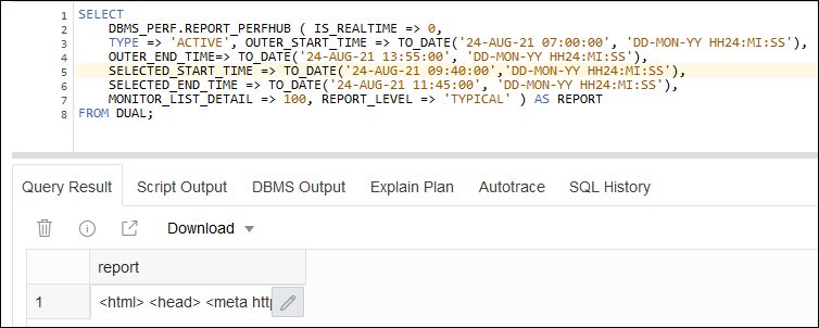 Sample SQL statement for the Performance Hub Report using SQL Develper web