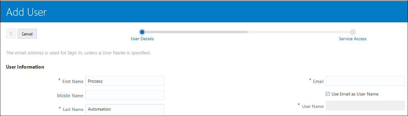 Add User page from Oracle Cloud Account portal User Management portal,