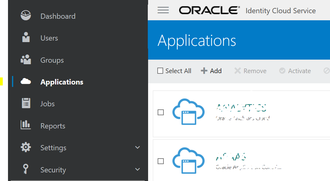 Oracle Identity Cloud Service Administration console, Applications selected