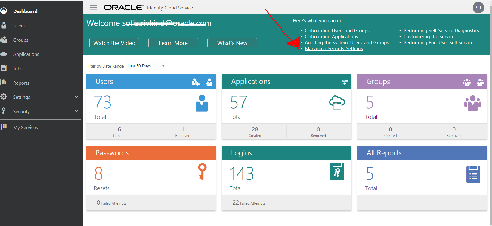 Oracle Identity Cloud Service console dashboard with Managing Security Settings indicated