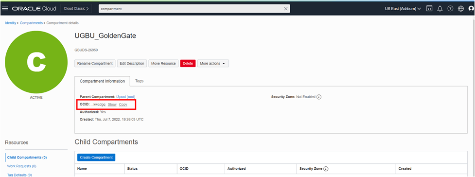 Screen capture showing the Create Compartment page with the compartment's OCID highlighted