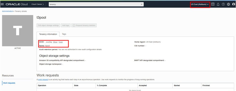 Screen capture of Administration page displaying highlighted tenancy OCID and Name