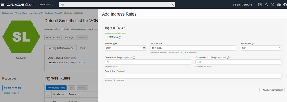 Screen capture of the Default Security List page and the Add Ingress Rules wizard