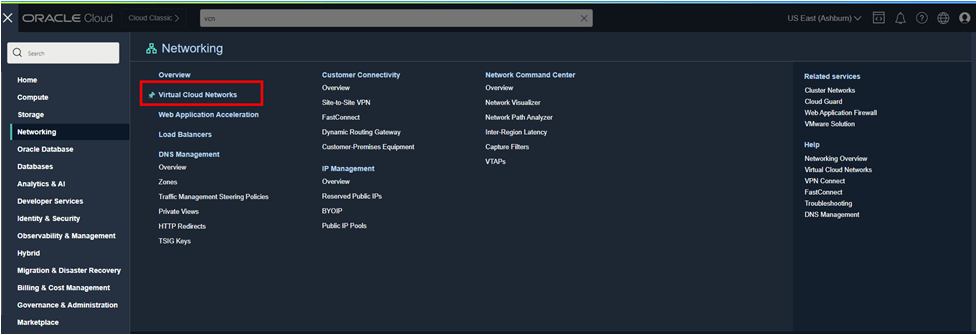 Screen capture showing the Networking page with the Virtual Cloud Networks option highlighted