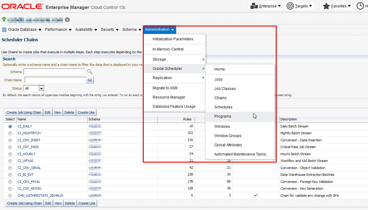Screen capture that shows an example of the Oracle Enterprise Manager Oracle Scheduler interface.