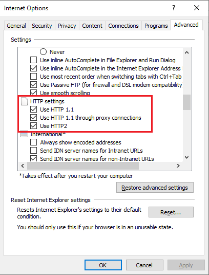 Internet Options dialog with emphasis on the HTTP Settings, where the three checkboxes are selected.
