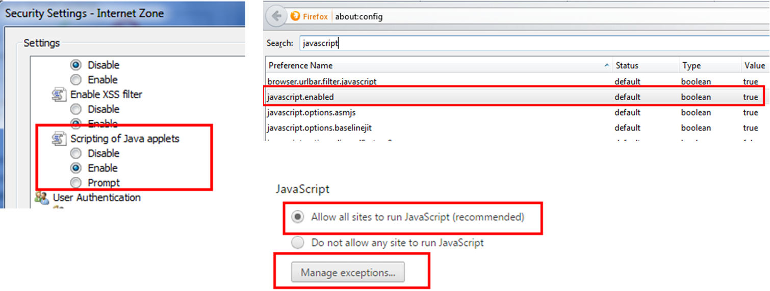 Javascript Settings. Enable scripting of Java Applets and allow all sites to erun JavaScript managing exceptions.