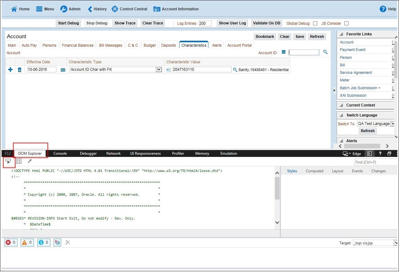 This figure shows the DOM Explorer tab and the Select element icon. This figure shows the DOM Explorer tab and the Select element icon.