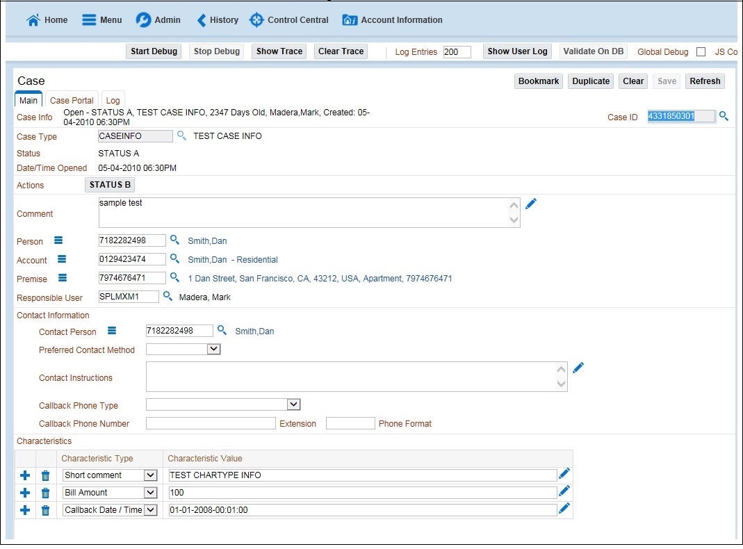 This figure shows the Case page where Characteristics Type and Characteristic Value are added in the Characteristics section. This figure shows the Case page where Characteristics Type and Characteristic Value are added in the Characteristics section.