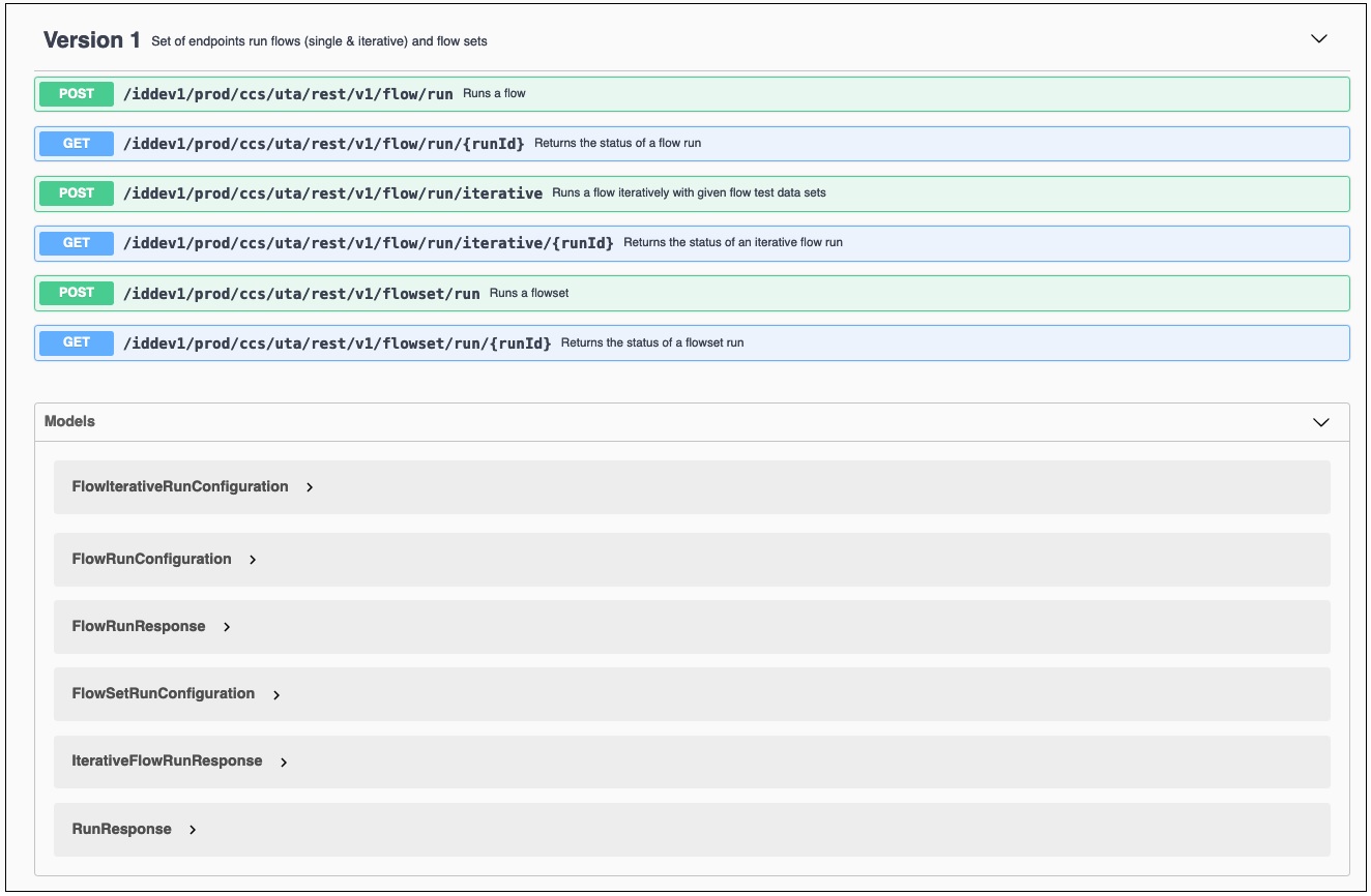 Shos Swagger UI with Open API specification for UTA REST APIs.