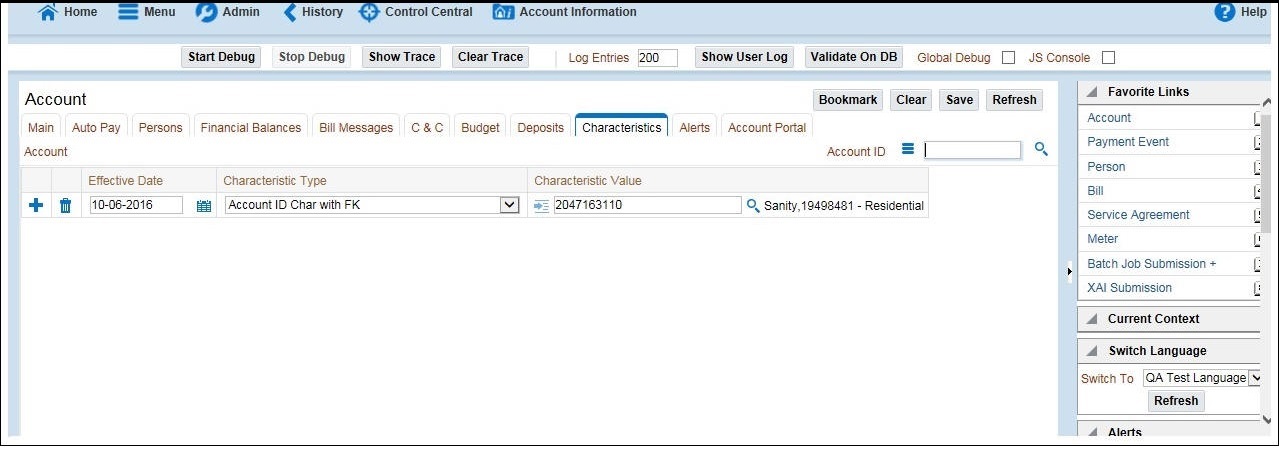 This figure shows the Account page. Update the Characteristic Value field on the Characteristics tab.