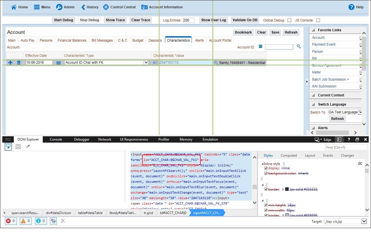 This figure displays the ID of the Characteristic Value field on the Account page.