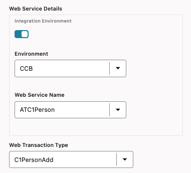Shows the integration web service details in the Test Data section. Shows the integration web service details in the Test Data section.