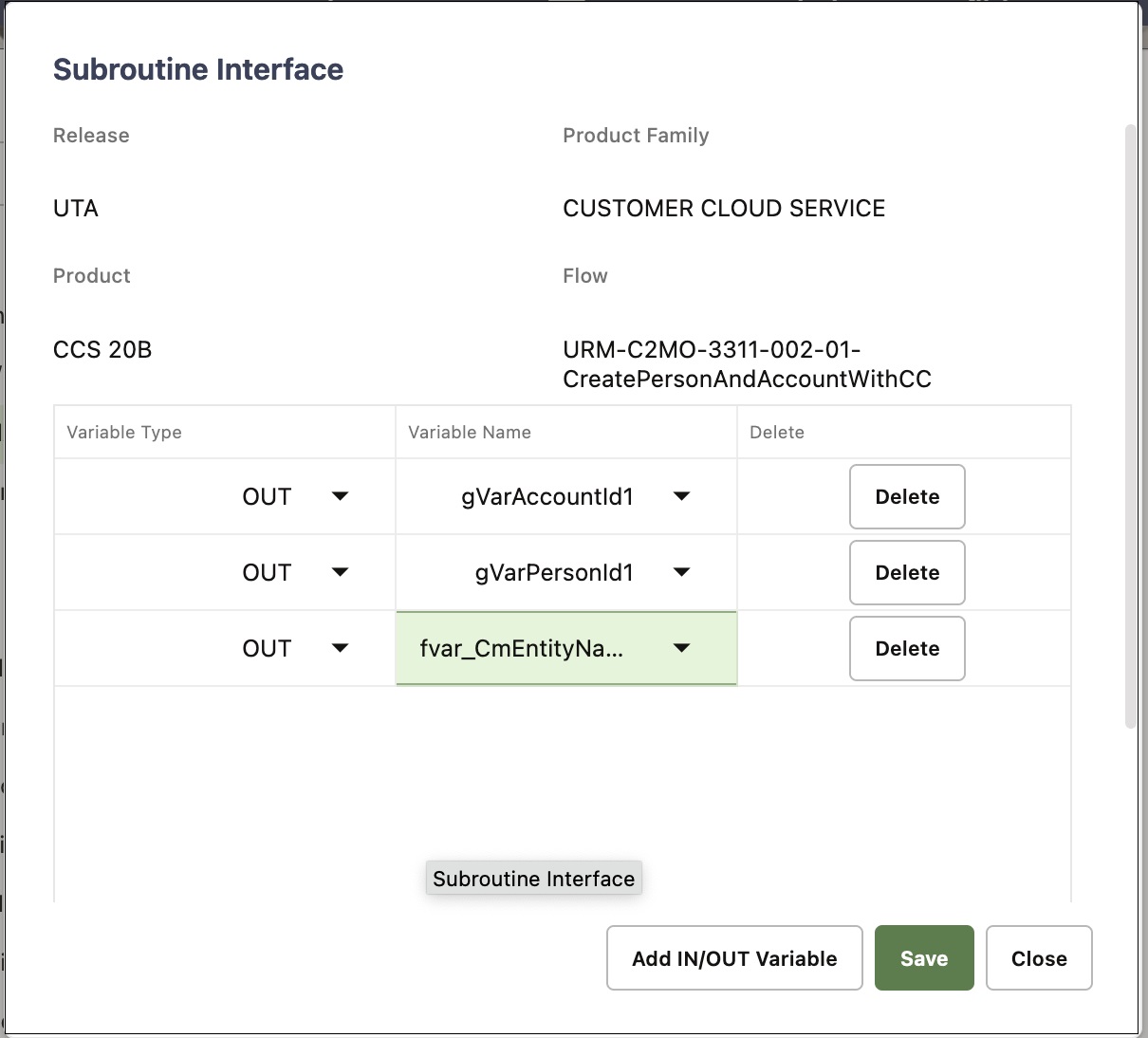 Shows a subroutine interface definition for a flow that creates both a person and an account.