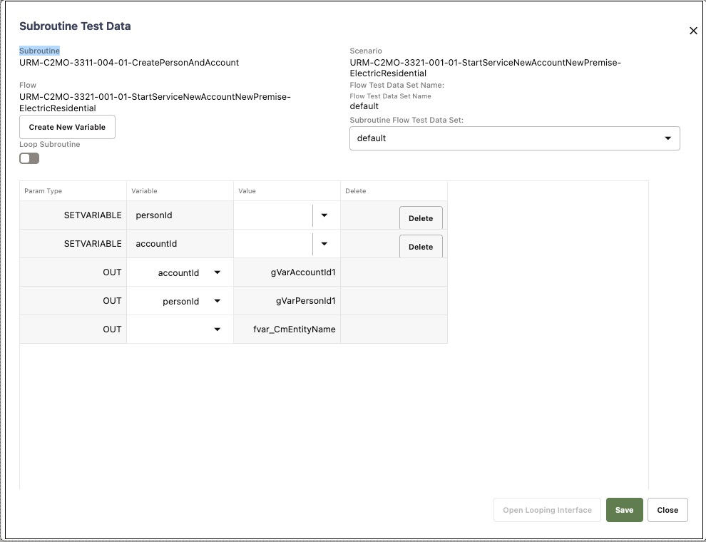 Shows the Edit Test Data screen for a subroutine that outputs a personId and accountId.