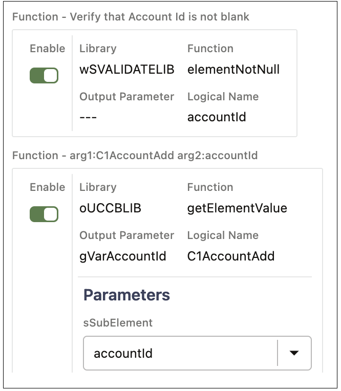 Shows functions in the Test Data GUI.