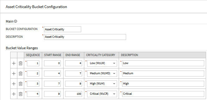 Main and Bucket Value Ranges sections on the Asset Criticality Bucket Configuration page.