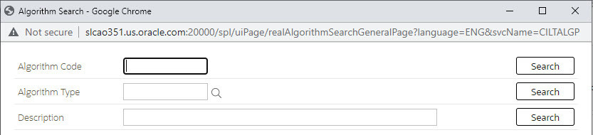 The search Window has a two columns format. Here, Algorithm Code, Algorithm Type, and Description are shown on the left, follow by respective input fields and Search buttons on the right.