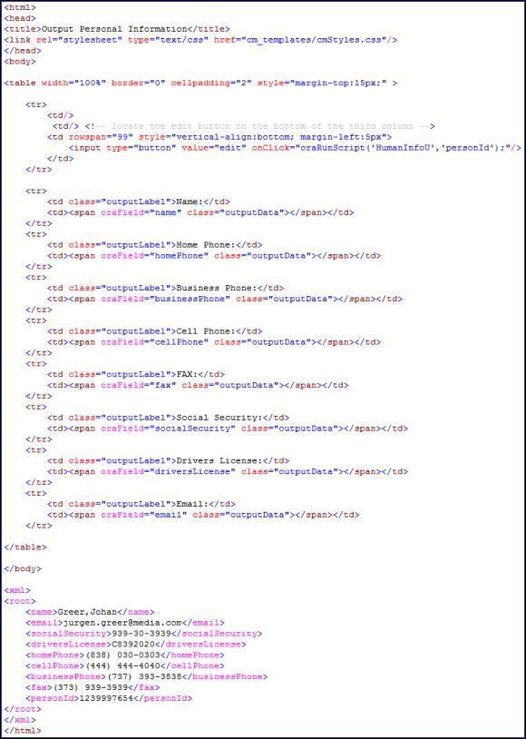 HTML para exibir Objeto de Negócios do cliente