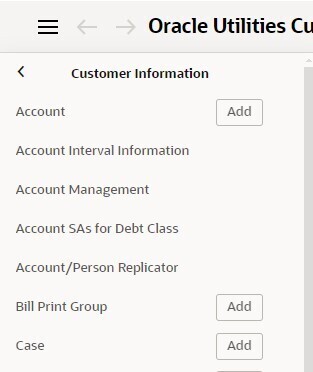 Esta captura de tela mostra o submenu Informações do Cliente. Várias opções estão visíveis. Alguns têm um botão Adicionar.