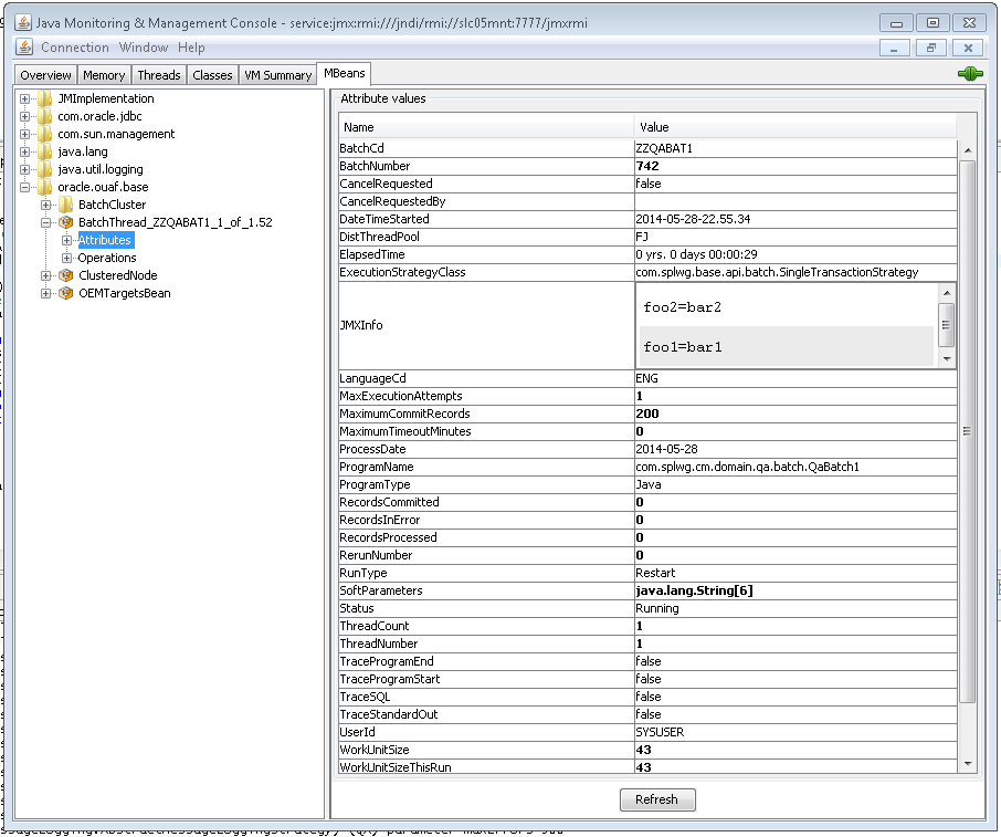 Screen capture that shows the JMXInfo in the jconsole.