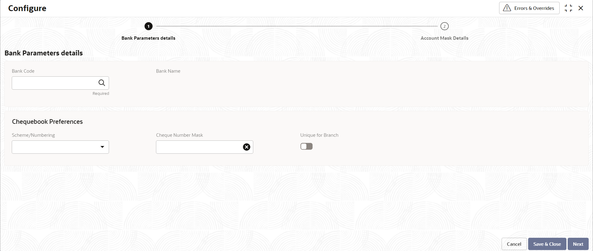 Configure Bank Parameters details