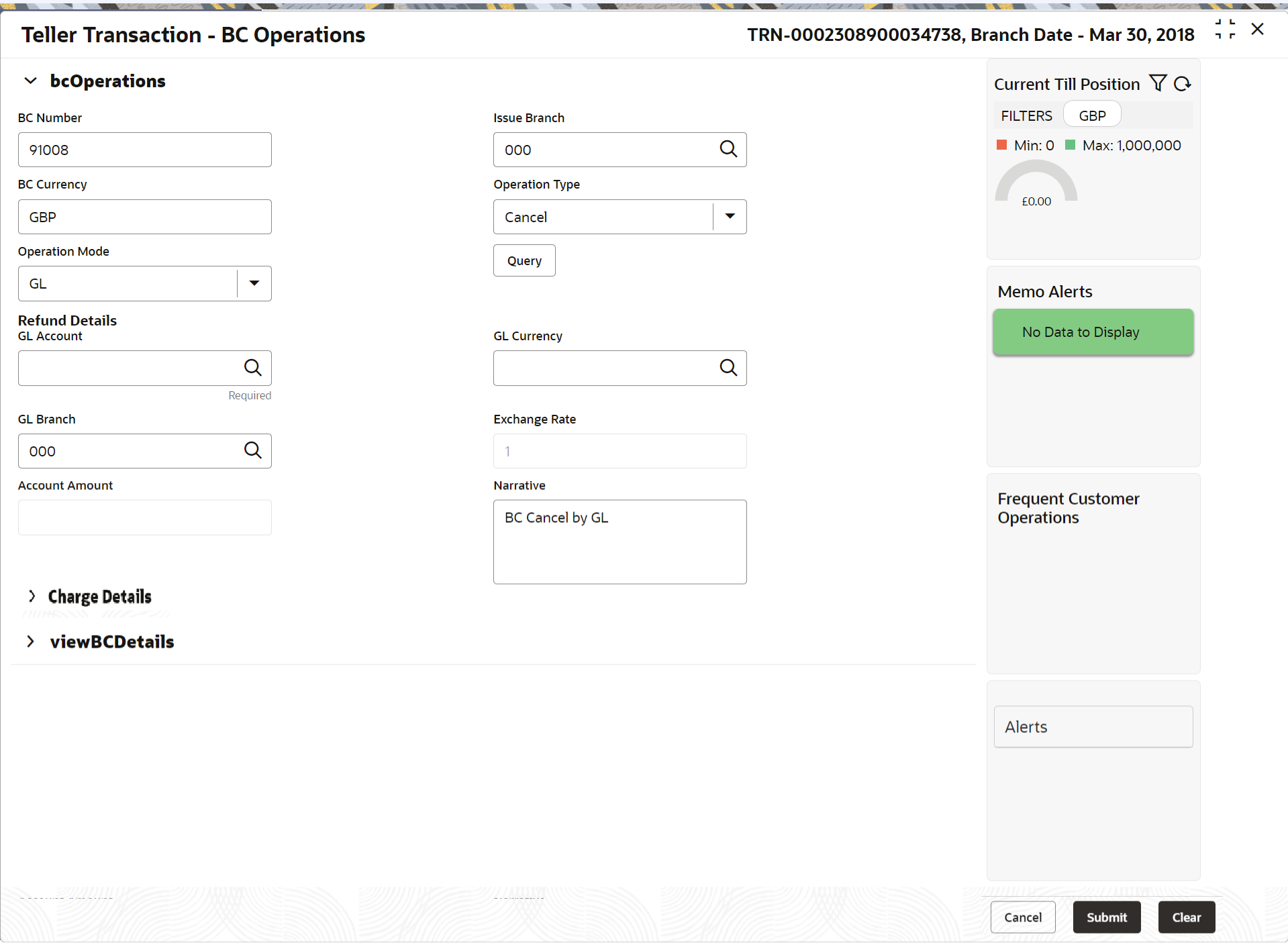This figure shows a sample of the BC Operations screen.