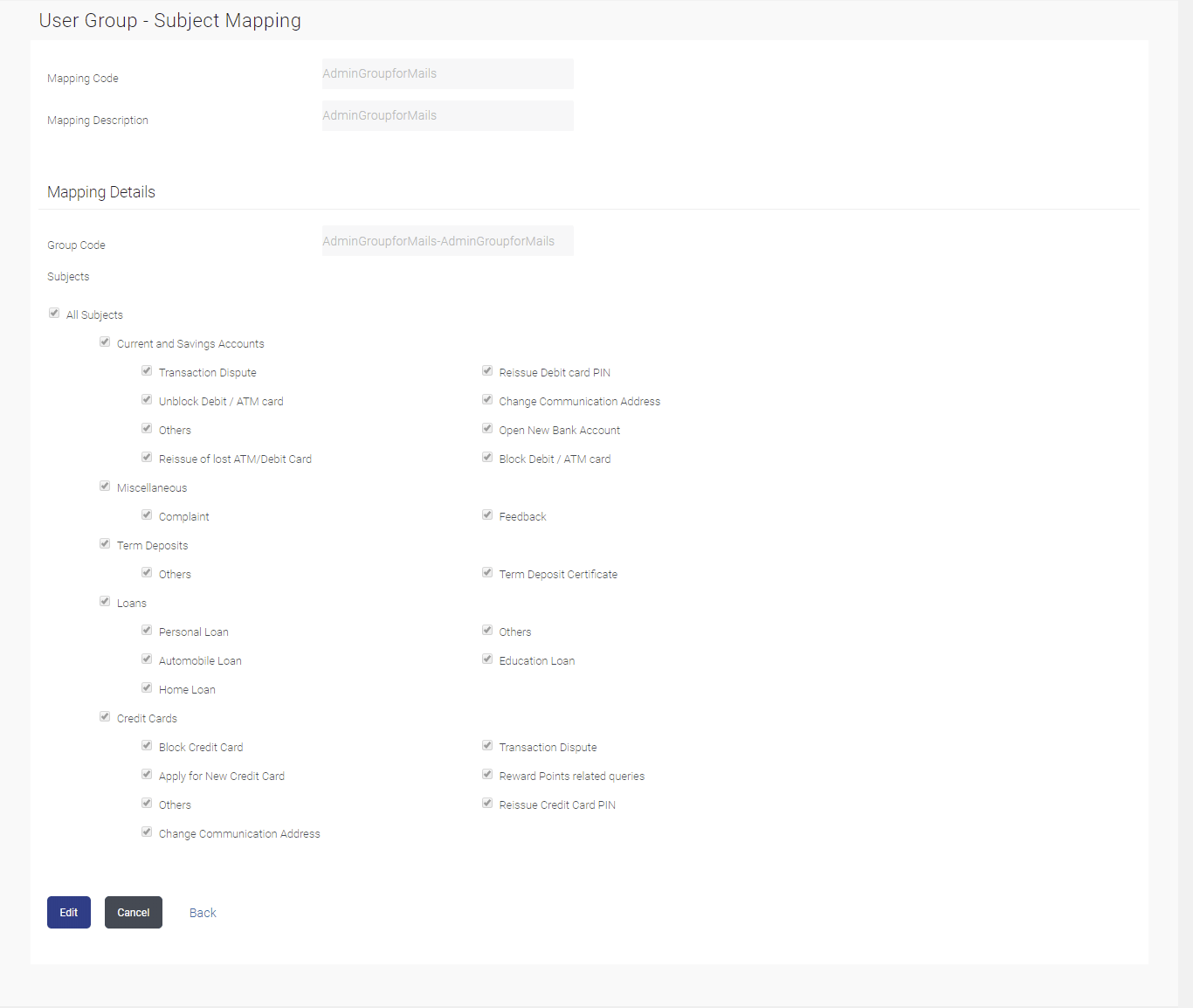 User Group - Subject Mapping - View