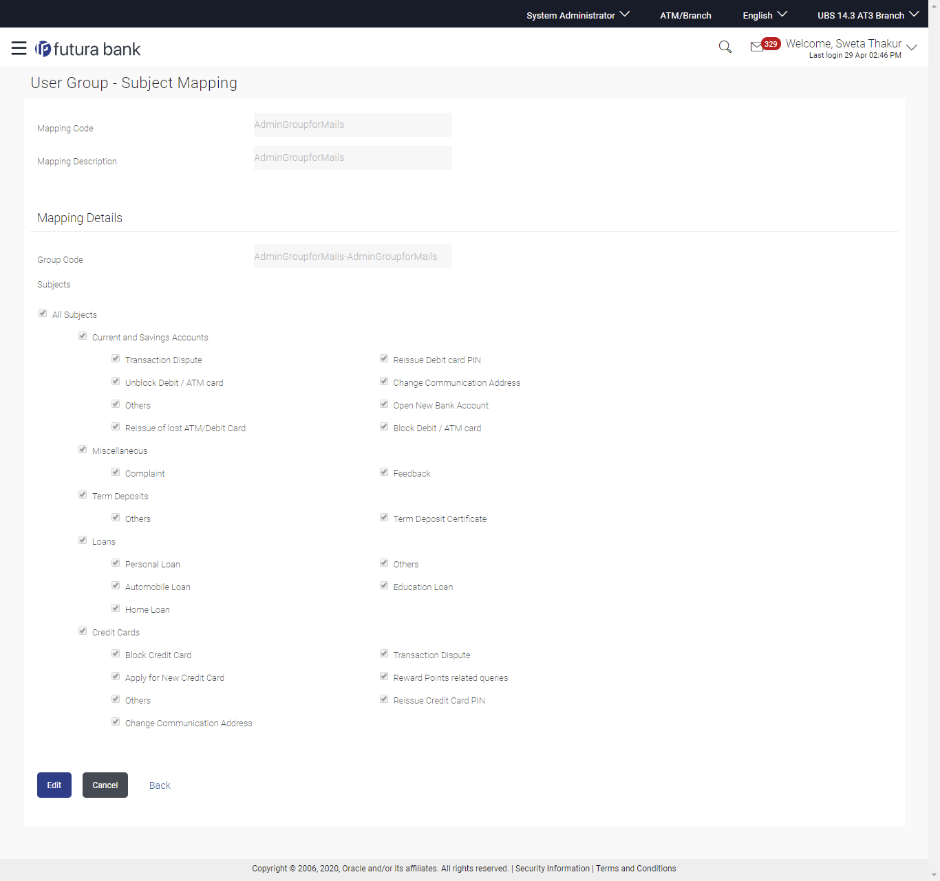 User Group - Subject Mapping - View