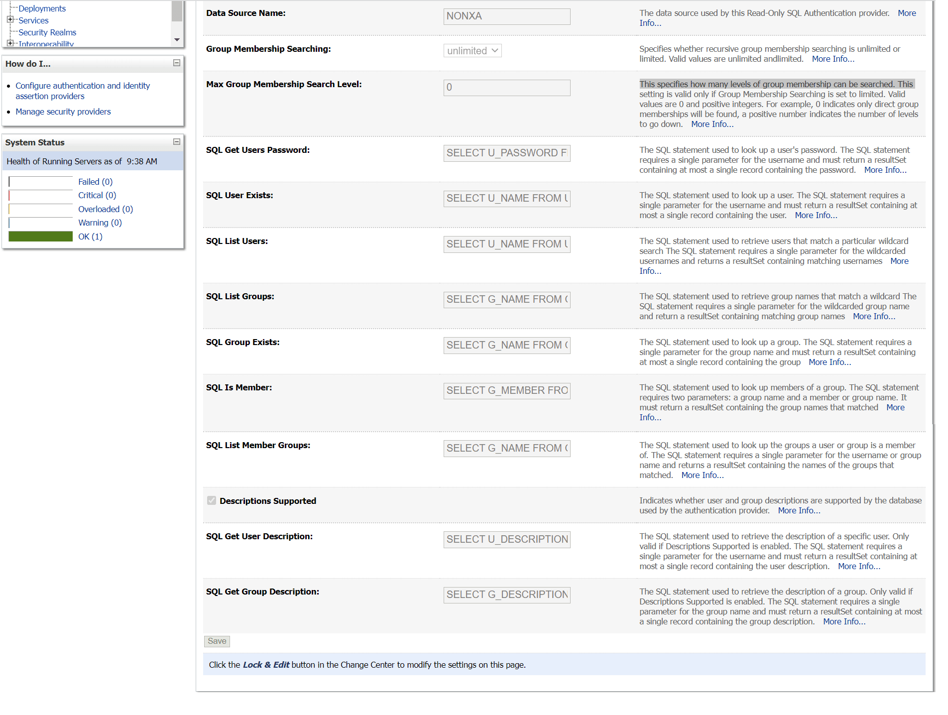 Settings for Read Only SQL Authentication Provider
